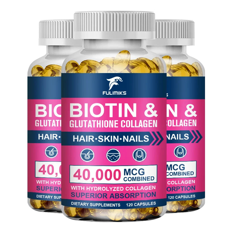 Biotin 40000mcg Combined Capsules, with Collagen & Glutathione, Promotes Hair, Skin, Nail Health & Natural Beauty Vitality