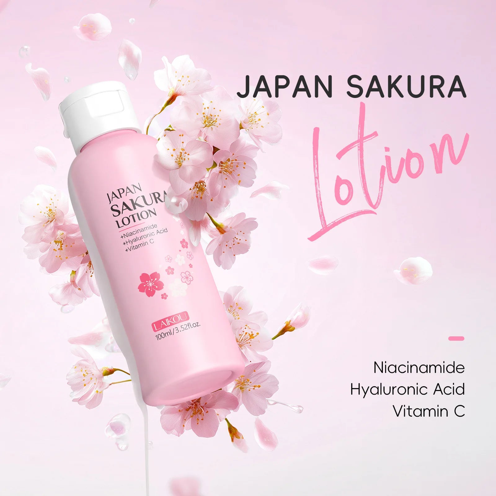 LAIKOU Japan Sakura Lotion 100ml Niacinamide Hyaluronic Acid Vitamin C Hydrating Brightening Moisturizing Face Skin Care