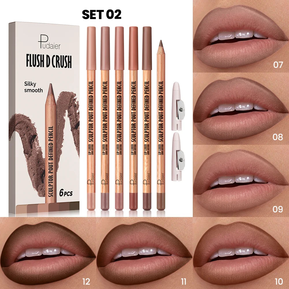 6pcs Berry Purple Lip Liner Pencil Set Velvet Matte Wooden Lipliner Lipstick Pencil Long-Lasting Pink Brown Lip Contour Pencil