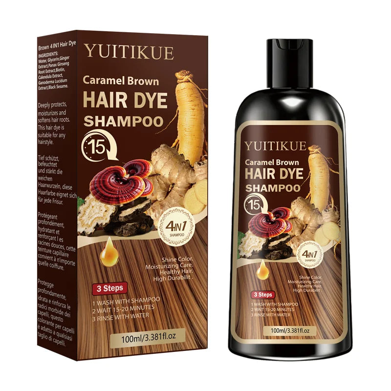 YUITIKUE 4-in-1 Caramel Brown Hair Dye Shampoo 100ml - Natural Instant Color Shampoo with Moisturizing Care