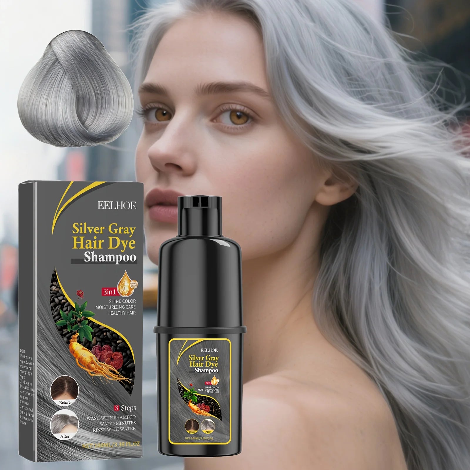Silvery Gray Hair Dye Shampoo Natural Color Fast Coloring Long-Lasting Toning Moisture Lock for Voluminous Curls Without Damage