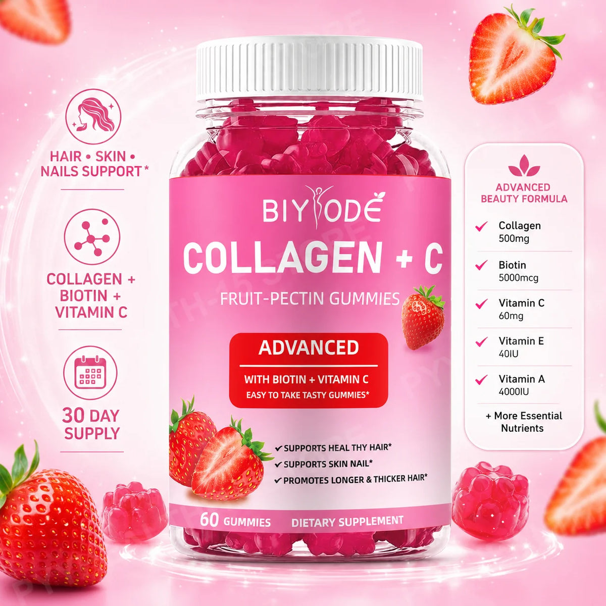 BIYODE Collagen + Vitamin C Gummies with Biotin, Strawberry Fruit Pectin Beauty Supplement for Hair Skin Nails Support, 60 Count