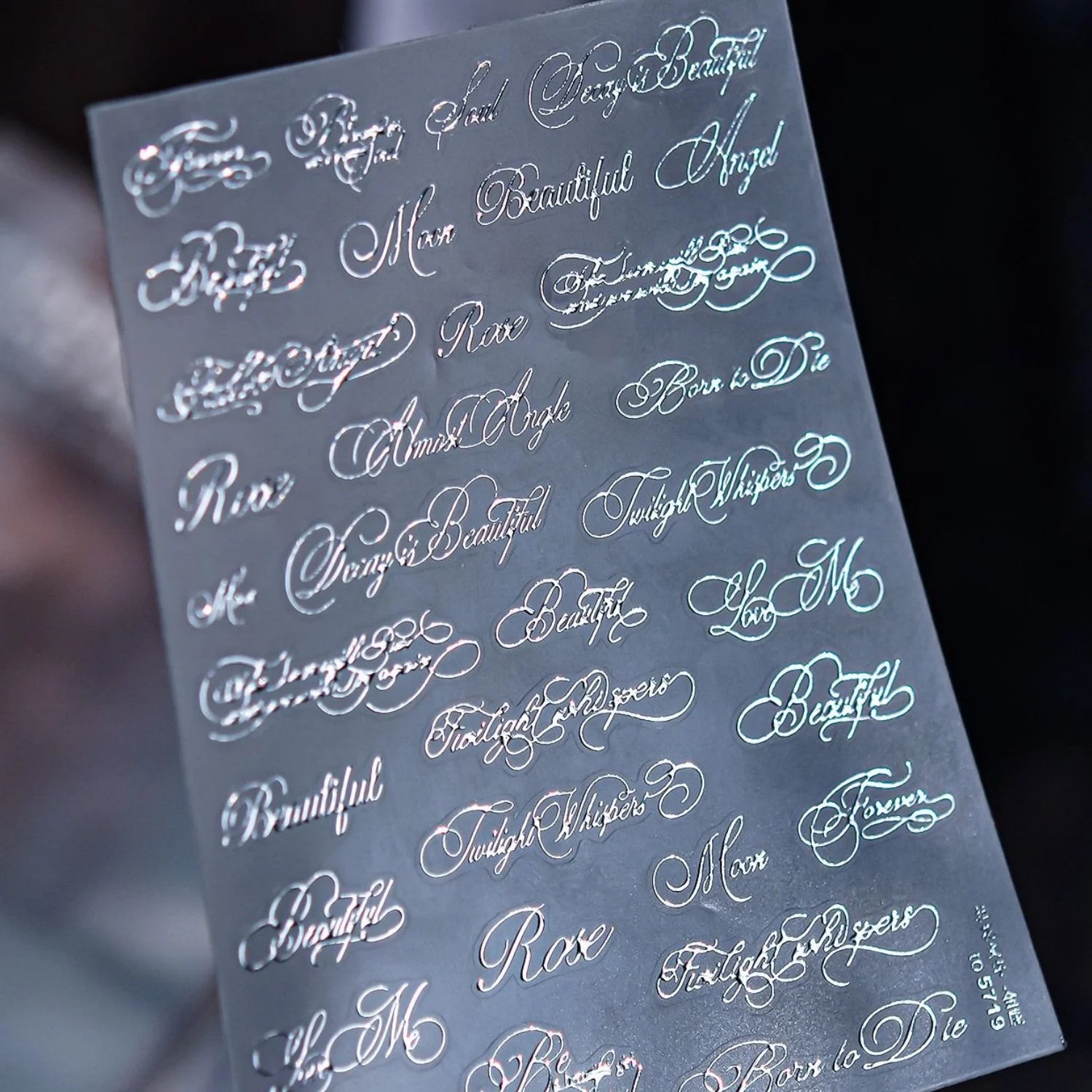 Silver Foil Script Beautiful Rose Moon Forever 5D Nail Art Stickers Cool Elegant Calligraphy Words Embossed Nail Decal Manicure