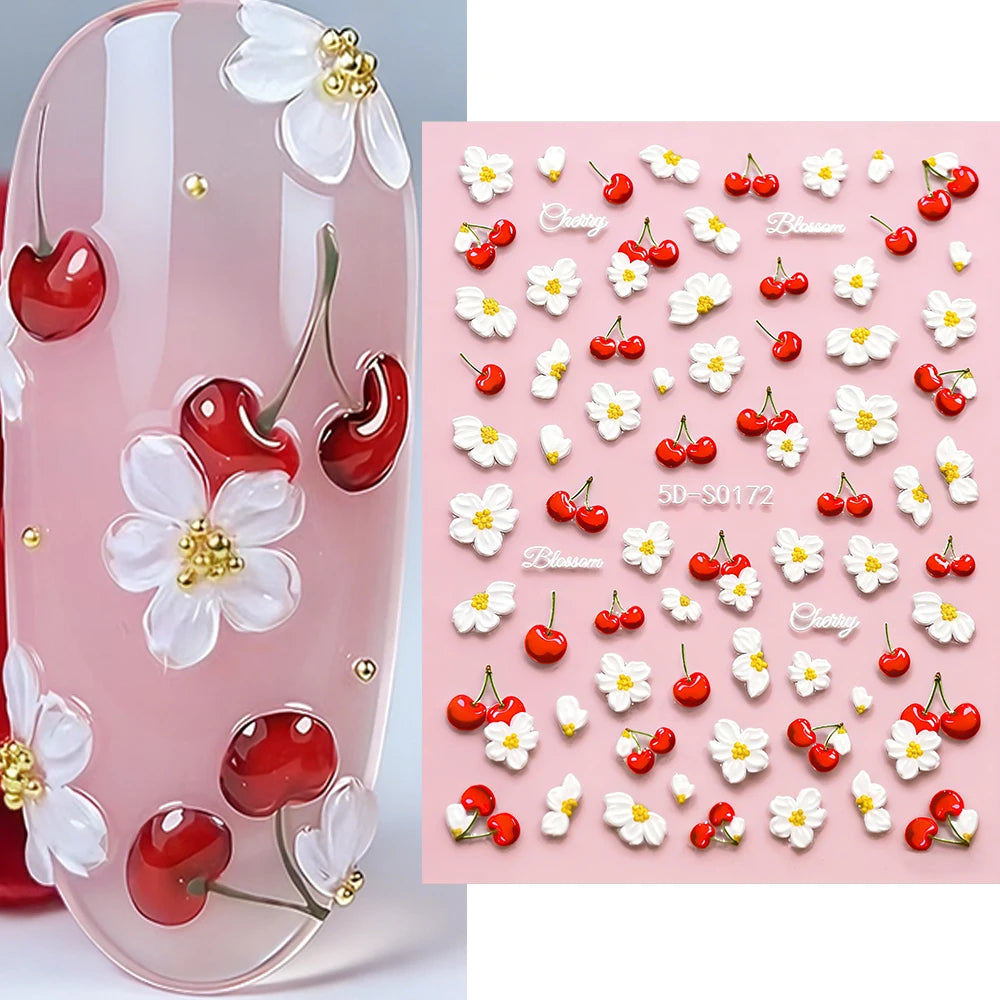 1Pcs 5D Cherry Daisy Nail Stickers Cute 3D Red Cherry White Flower Self-Adhesive Nail Art Decals Summer DIY Manicure Decoration