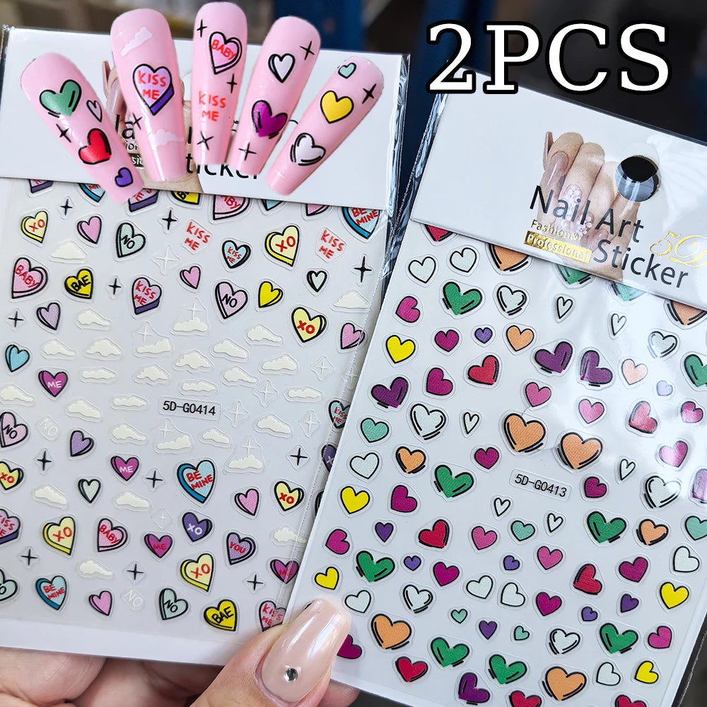 2pcs Valentines 3D Red Lips Print Nail Art Stickers Pink Kisses Nail Decals Adhesive Slider Valentine's Day Manicure Accessories