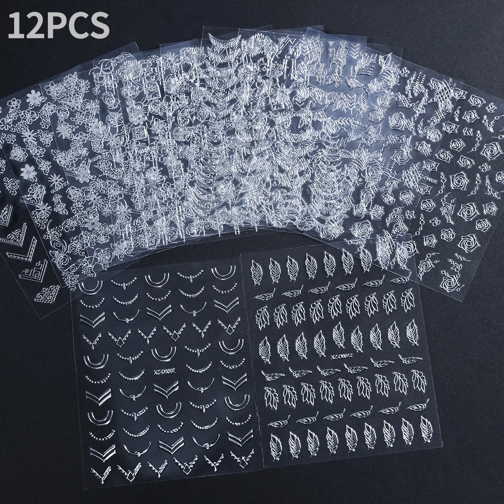 12Pcs 3D Laser Gold Silver Sun Star Moon Nail Stickers Y2K Snake/Starlight/Heart Adhesive Decals DIY Bronzing Nail Sliders