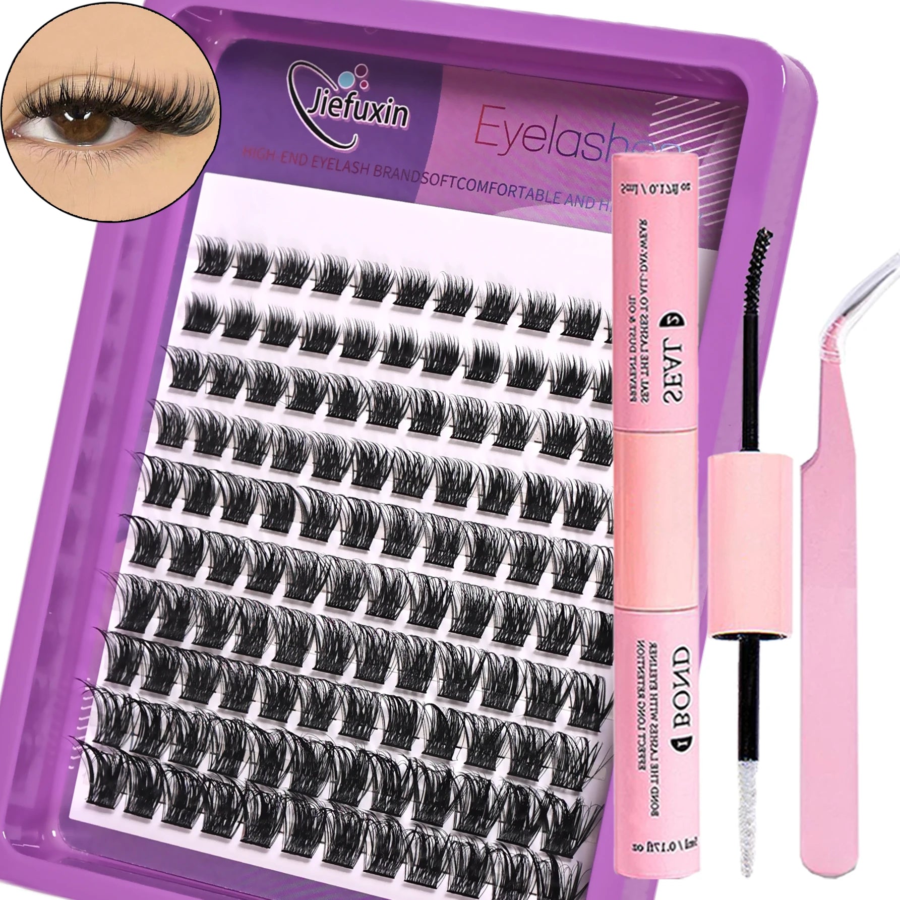 D Curl Fluffy Cluster Lashes Natural Look DIY Eyelash Extensions Kit with Lash Bond, Seal and Lash Tweezers