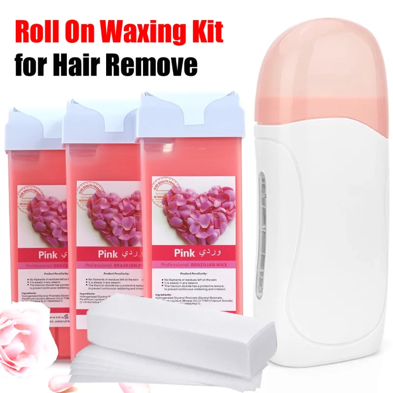 Epilatory Waxing Kit - Rose painless bikini wax Roll-On Wax Includes Heater Machine Refillable Wax And 100PCS Waxing Papers