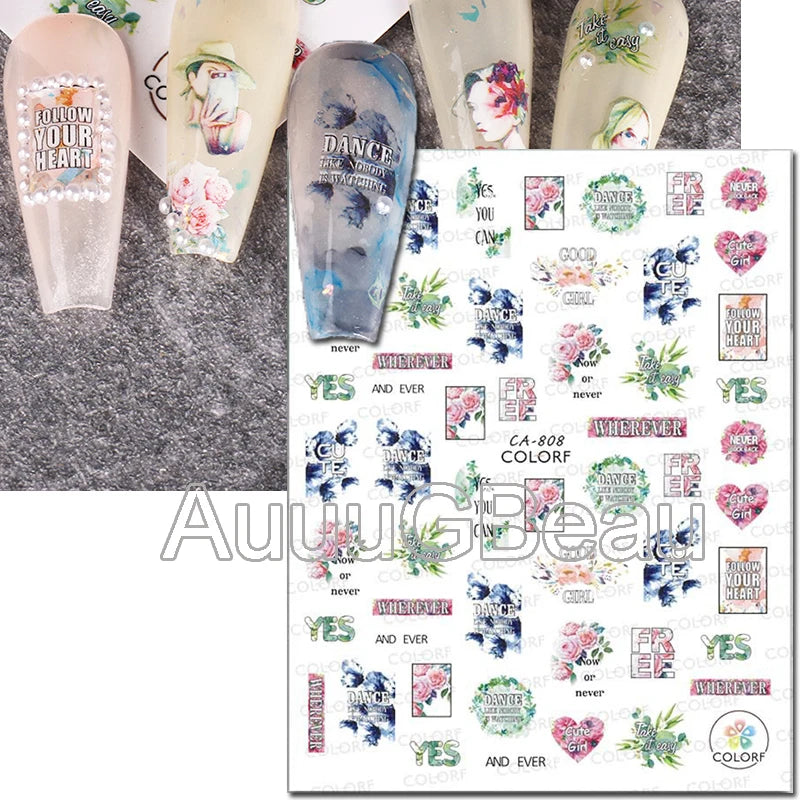 3d Nail Art Decals Geometric Lines Daisy Sunflowers Letters Adhesive Sliders Nail Stickers Decoration For Manicure