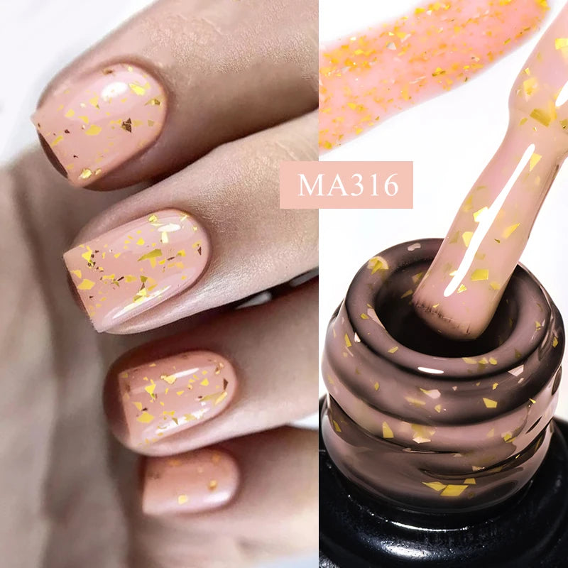 MEET ACROSS 7ml Pink Glitter Rubber Base Nail Gel Polish Sparkling Gold Foil DIY Nail Art Painting Gel Long Lasting Varnish