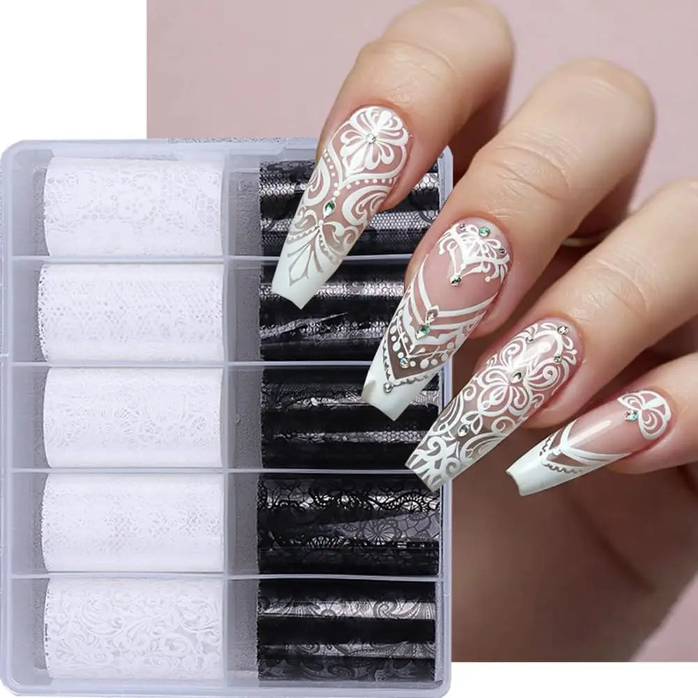 10 Rolls Black/White Lace Foil Transfer Nail Stickers Starry Sky Lace Flowers Nail Foils Stickers Lace  Nails Decoration 4*50CM