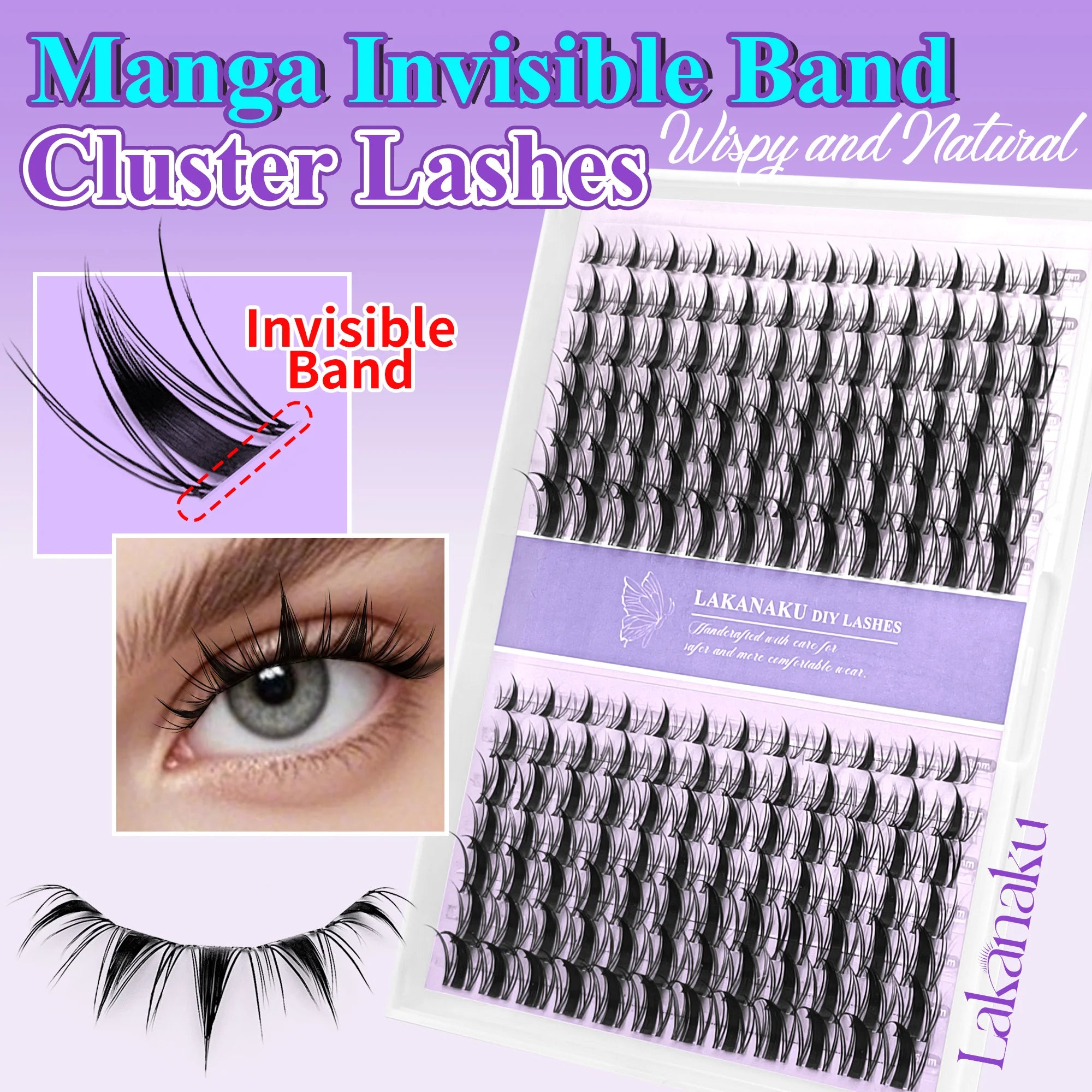 Lakanaku Diy Eyelashes Manga Style Lashes Invisible Bond Lash Fairy Cluster Lash Comic Makeup Sets and Kits Wispy Cluster Fans