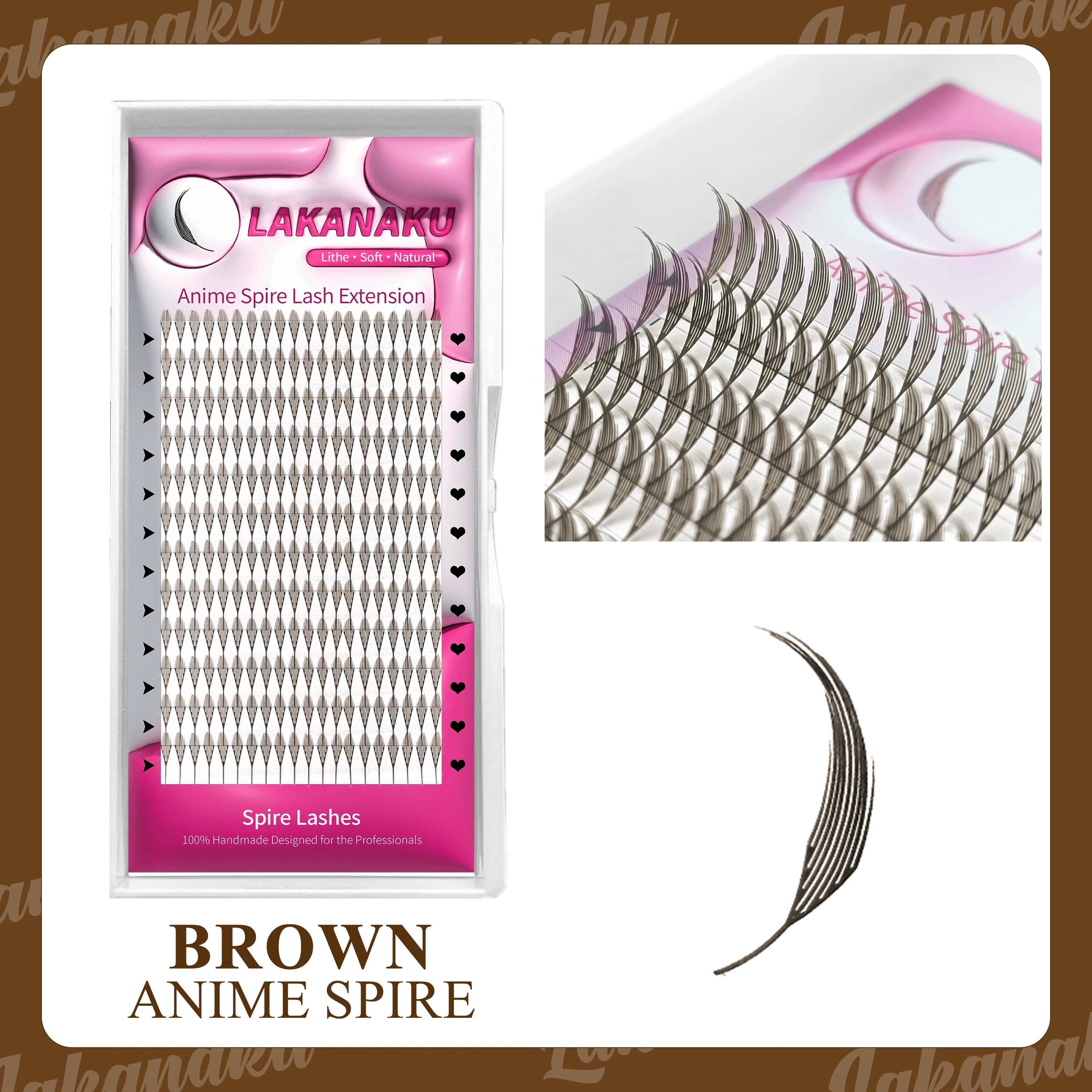 LAKANAKU Brown Anime Comic Spire Eyelashes Extension Feather Shape 0.07mm Premade Anime Chunk Spikes Fan Lashes Wispy Eyelashes