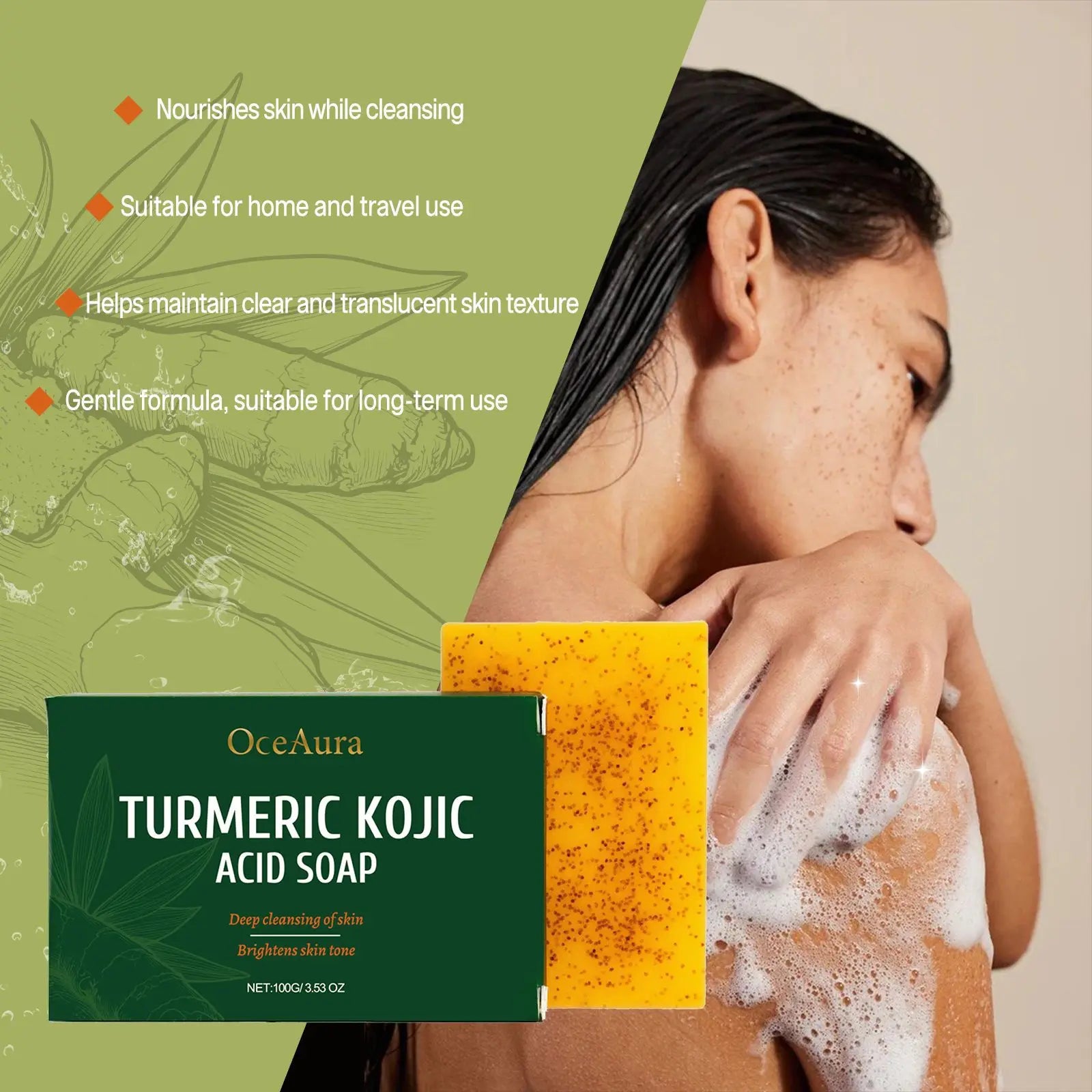 Turmeric and Kojic Acid Soap Deep Hydration Brightening Skin Care Products Soft Smooth Body Cleaning Skin Lightening Soap 100g