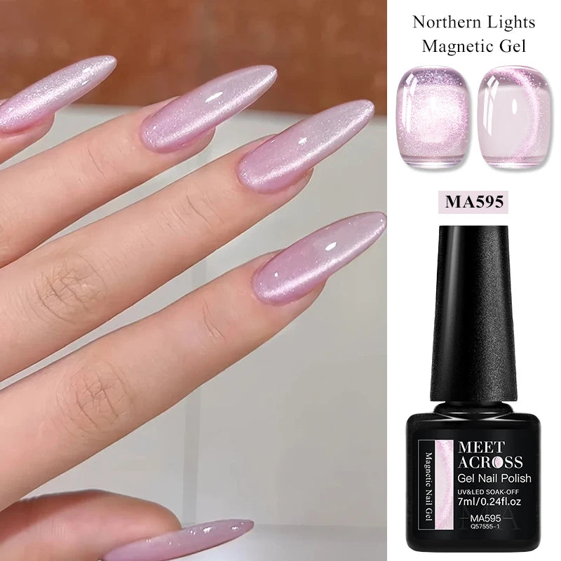 MEET ACROSS 7ml Porcelain White Cat Eye Gel Polish Holographic Glitter Magnetic Galactic Effect Gel Nail Polish Soak Off UV Gel