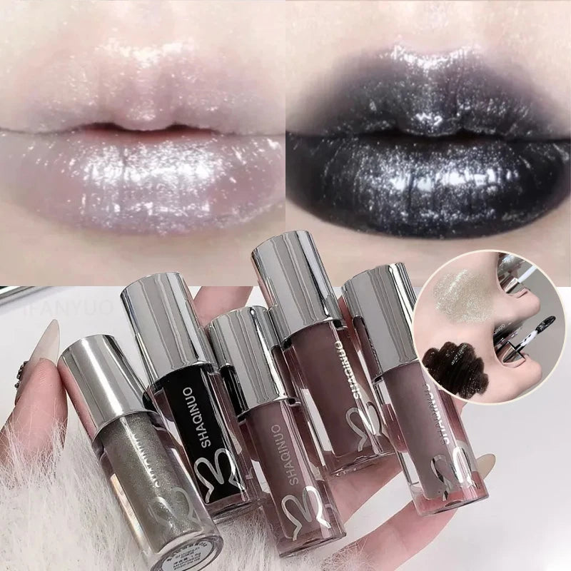 Black Gothic Lip Gloss Mirror Moist Matte Gothic Pure Black Silver Fine Flash Lip Glazed Low Saturation Lasting Lip Tint Makeup