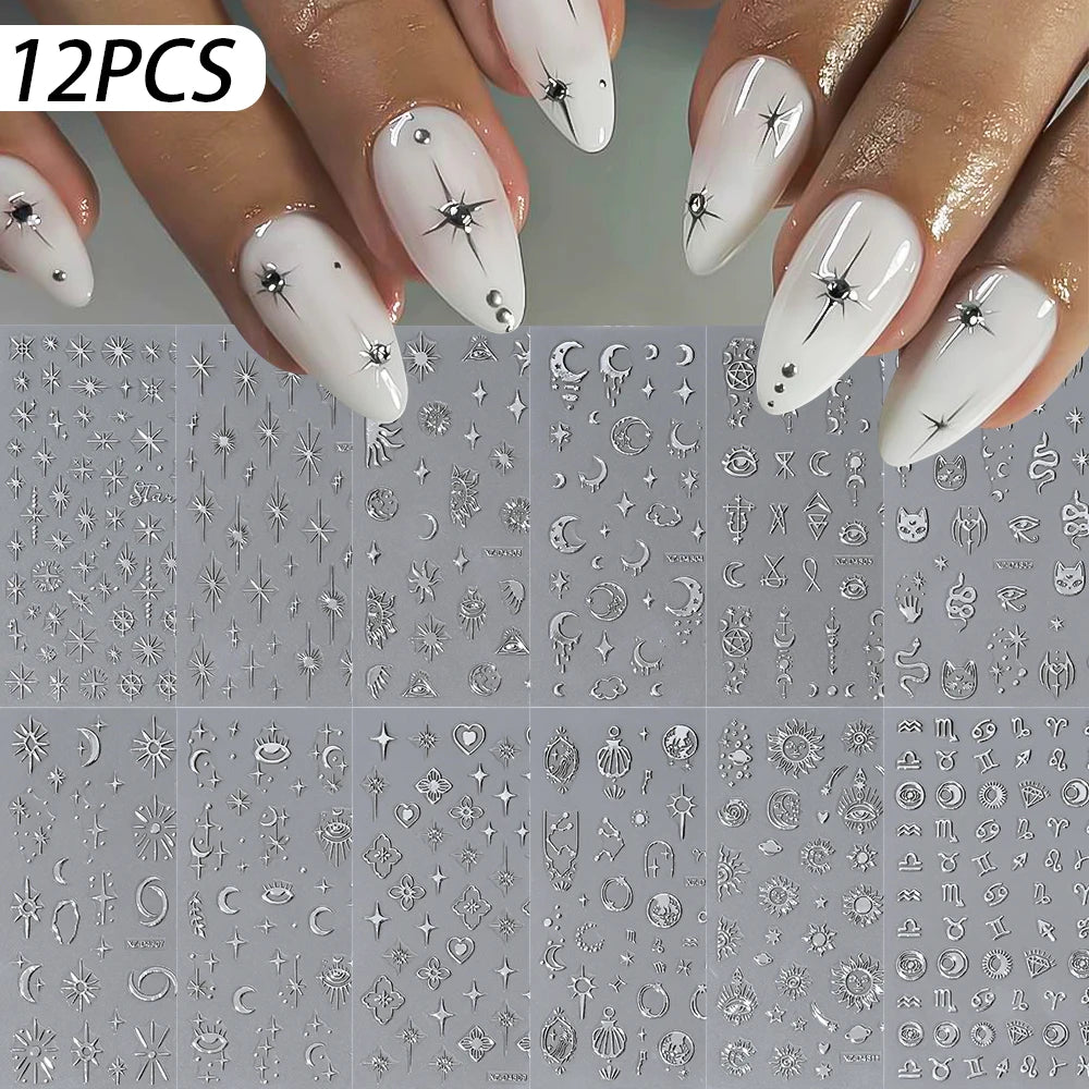 12Pcs 3D Laser Gold Silver Sun Star Moon Nail Stickers Y2K Snake/Starlight/Heart Adhesive Decals DIY Bronzing Nail Sliders