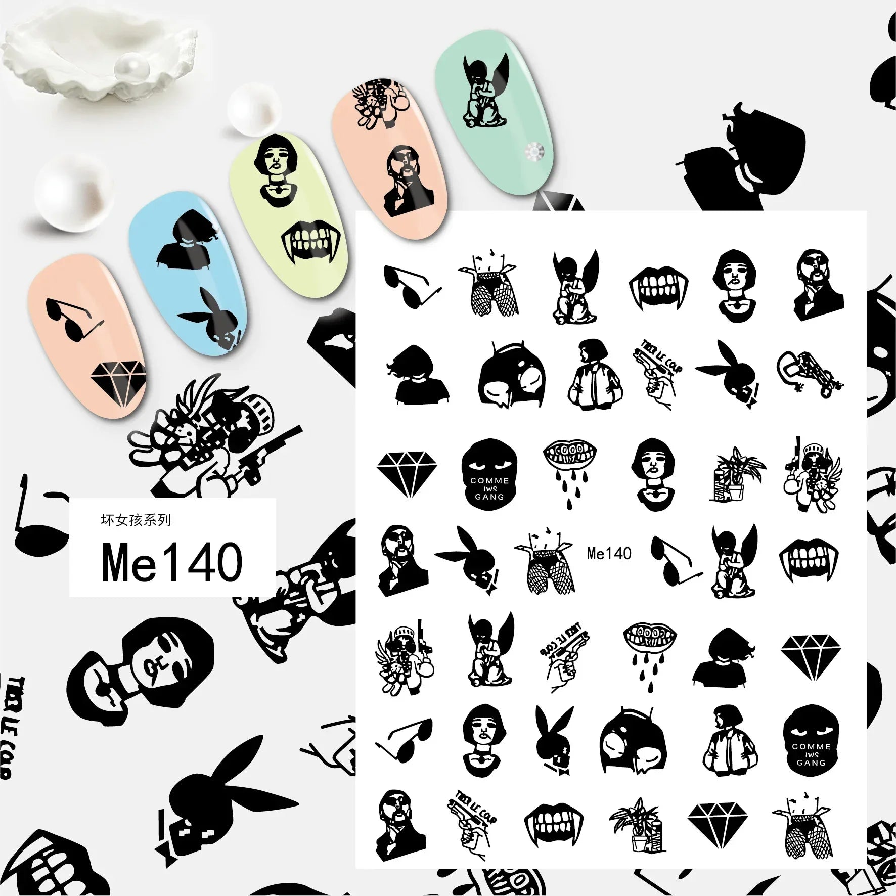 1PCS Black White Love Nail Stickers Letter Nail Design Flower Print Supplies Nail Art Decals Suitable For Women's Manicure