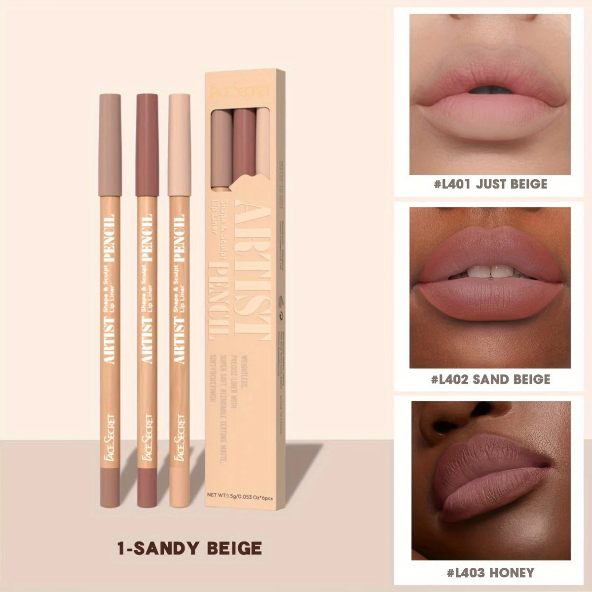 Face Secret 3pcs Set Nude Lip Liner, Natural Matte,Long-Lasting Waterproof,High Pigmented Hook Line Lip Pencil Makeup