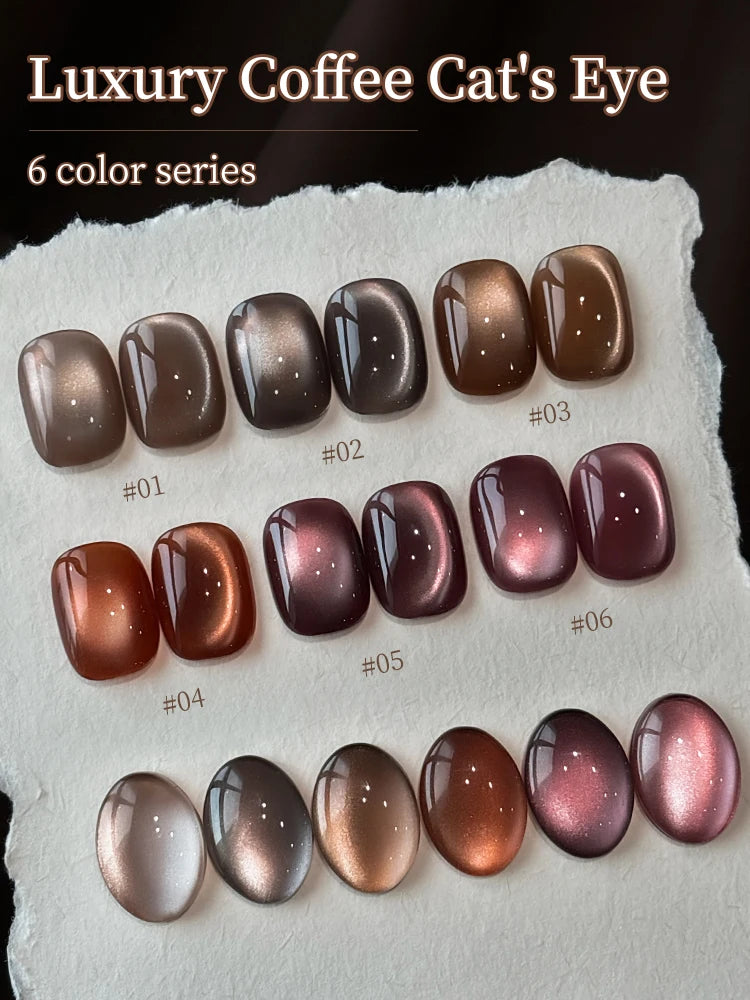15ml 6Colors Luxury Coffee Cat's Eye Nail Gel Polish Set with Soak Off UVLED Cat Eye Gel Polish Manicure Nail Art Kit