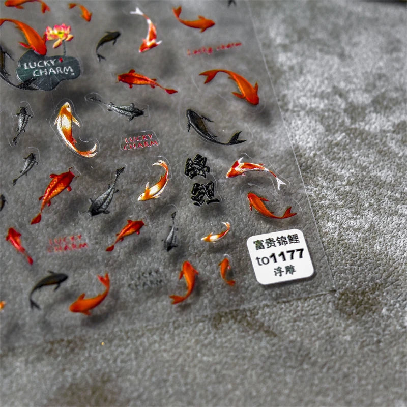 5D Rich Goldfish Nail Stickers Lotus Carp Ribbons Nail Art Appliqués Handmade Creative Nail Art Decorations