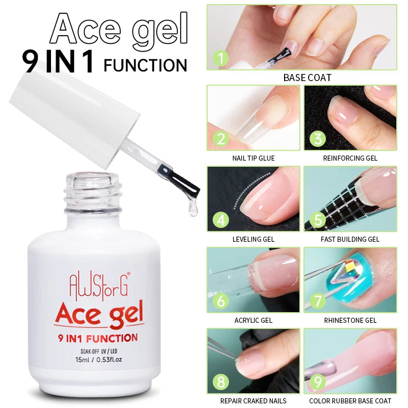 AWStorG15ml 2 IN 1 Crystal Top Coat Transparent Soak Off UV LED Nails Art Manicure Gel Nail Polish Varnishes Primer Function Gel