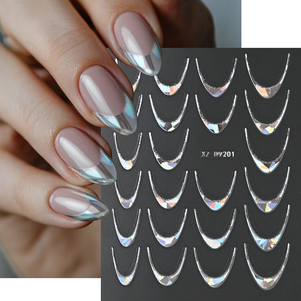3D Metallic Silver French Line Nail Stickers C Curve Stripe Lines Metal French Nail Decals French Manicure Nail Decoration *1PCS