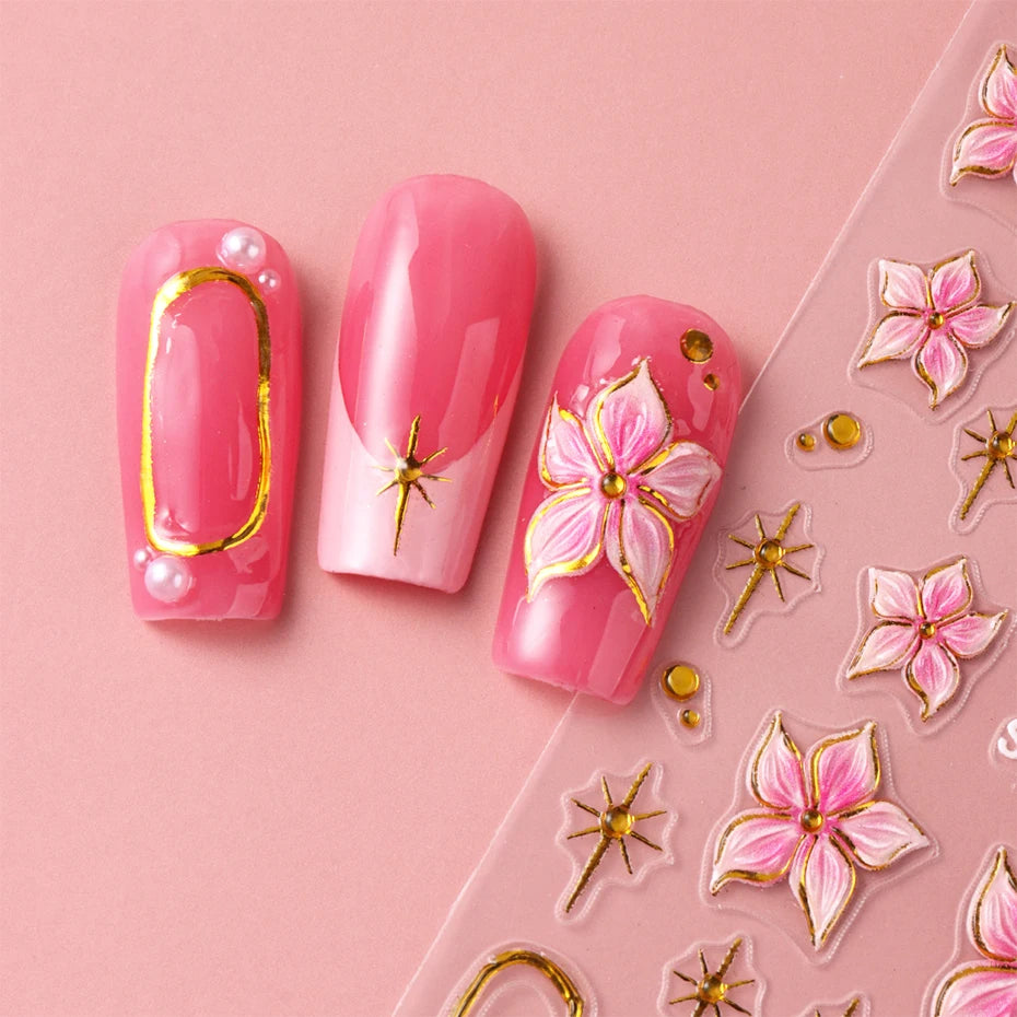 2pcs Embossed Hibiscus Flower Nail Art Sticker Pink Flower With Golden Metal Ring Charm Self-Adhesive Decals Manicure Decoration