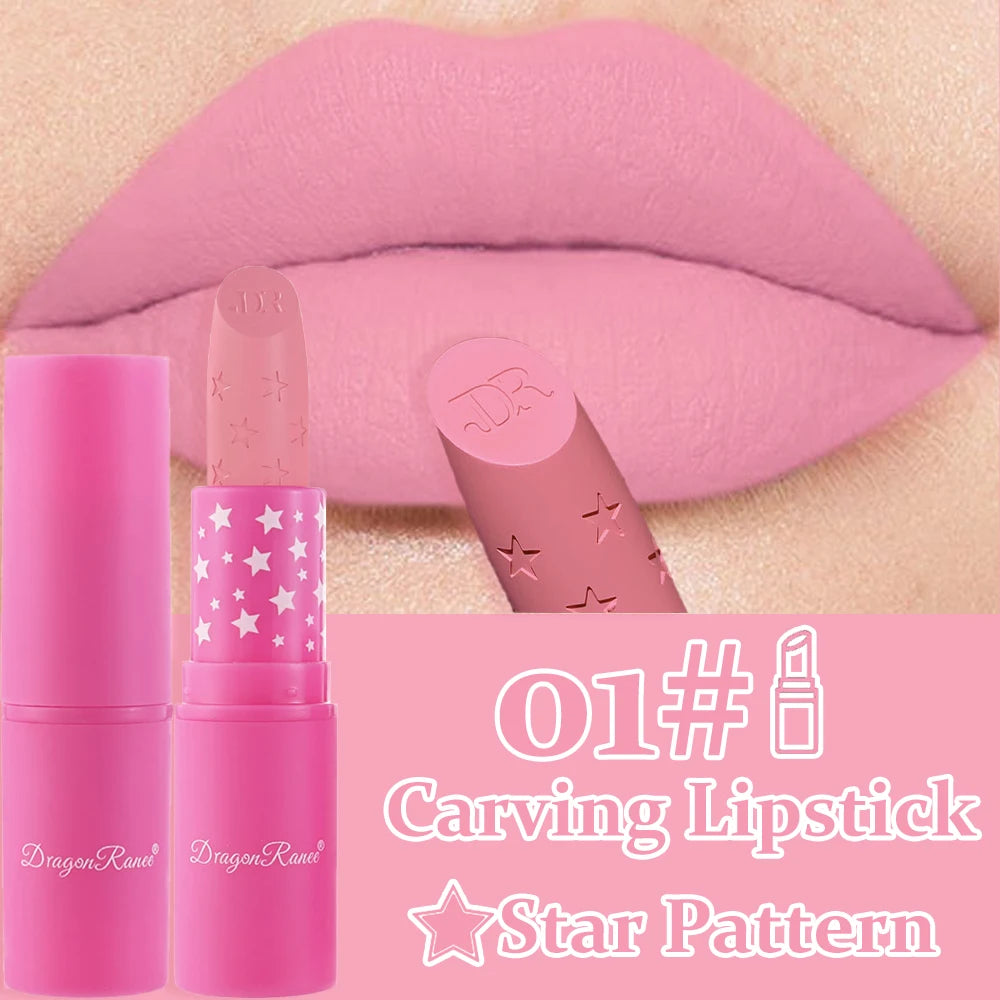 Waterproof Rose Pink Lipstick Star Embossed Velvet Matte Lasting Lip Stick Lasting Non-stick Cup Lip Gloss Women Makeup Cosmetic