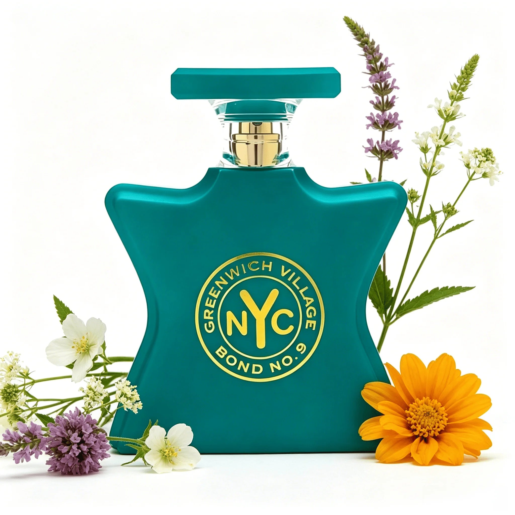 Bond No.9 NYC Greenwich Village EDP Perfume For Unisex Crisp Fresh Herbal Green Leaf Floral Earthy Woody Aroma Long Lasting Matte Turquoise Star Shaped Bottle With Gold Circular Badge Daily Outdoor Summer Travel Present