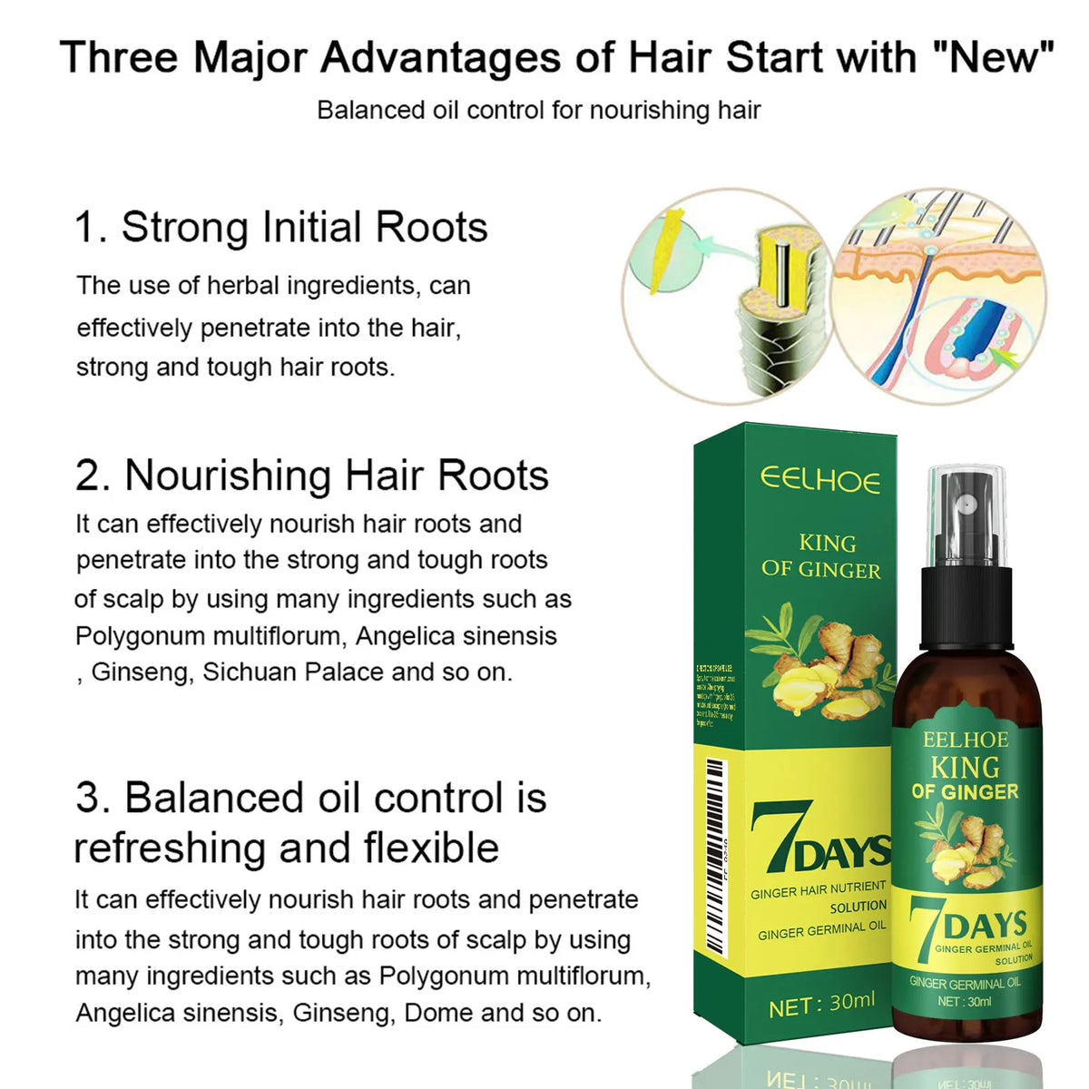 Ginger Oil Hair Booster Serum Spray Nourish Scalp Hair Follicles Refresh Control Oil Strengthen Hair Roots Nutrient Solution