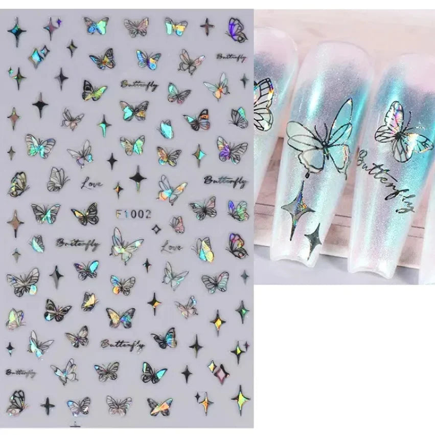 1PCS Black White Butterfly Laser Nail Stickers Y2K Nail Art Decoration Abstract Lines Bronzing Flowers Stickers For Nails