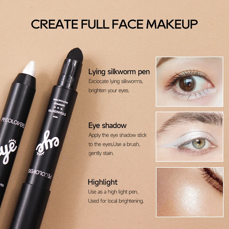 Dual-ended Design Shimmer Eyeshadow Stick, Multiple Used Colors, Eyeshadow&lying Silk&face Highlight Pen with Cotton Brush