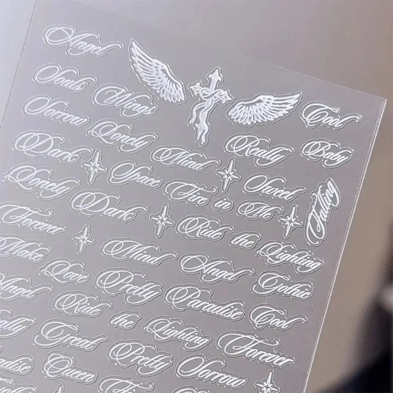Angel Wings Letter Nail Stickers Black White 3D Alphabet Mixed Patterns DIY Nail Art Decoration for Nails
