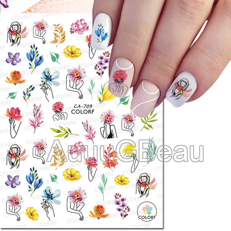3d Nail Art Decals Geometric Lines Daisy Sunflowers Letters Adhesive Sliders Nail Stickers Decoration For Manicure