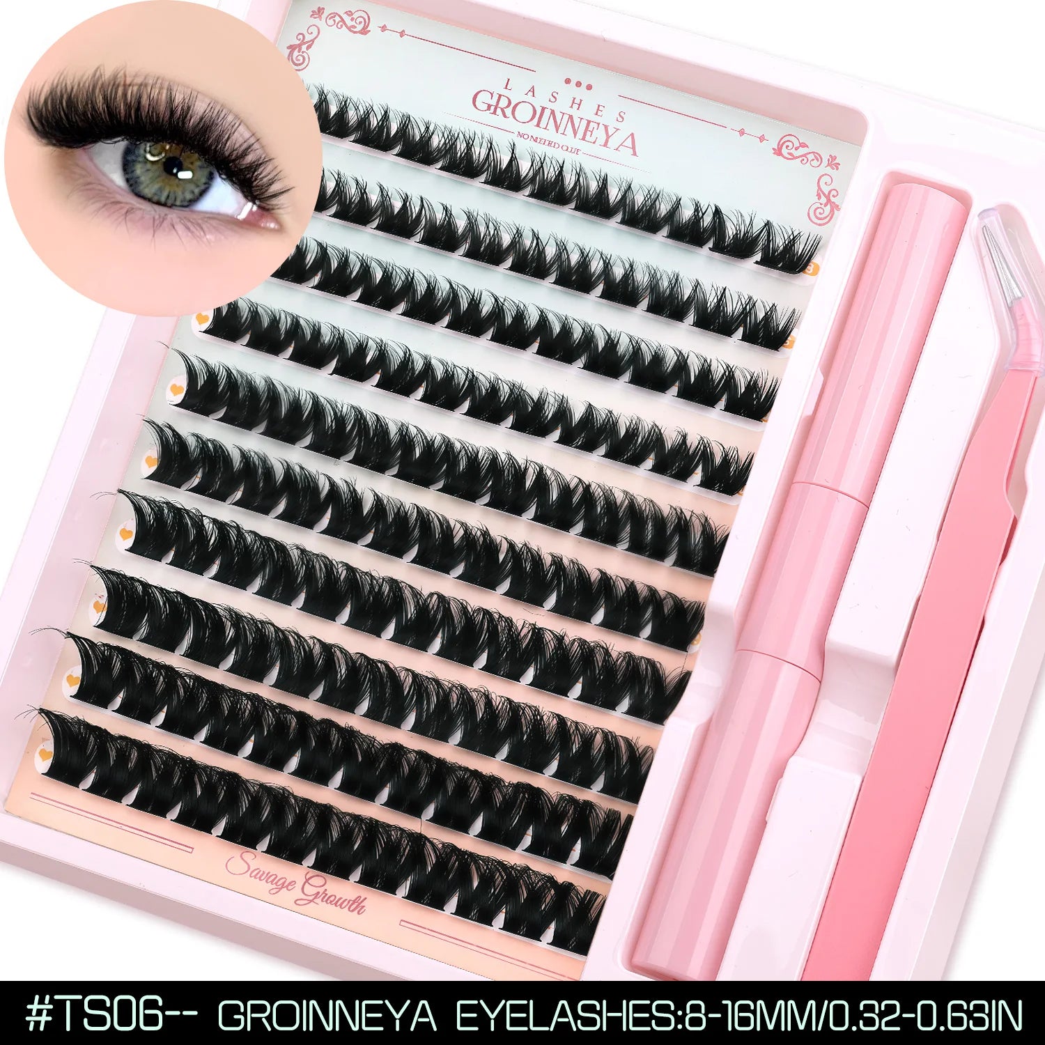 GROINNEYA Fluffy Lash Clusters Kit With Waterproof Strong Hold DIY Lash Extension Kit Lash Bond & Seal & Eyelash Tweezers Makeup