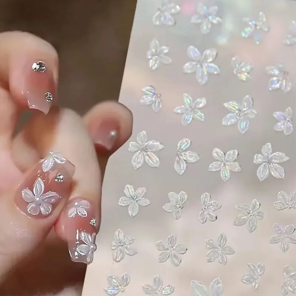 TSZS 3D Lovely Spring Flower Nail Art Stickers Pink White Crystal Flower Kpop Bow Ribbon Nail Decals