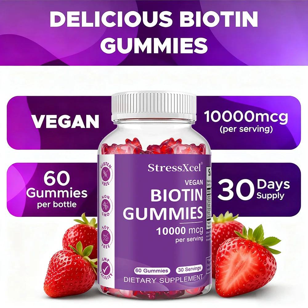 Hair, Skin & Nails Gummies - with Biotin - Promotes Hair Growth, Nourishes Skin, Strengthens Nails, Non-GMO, Strawberry Flavor