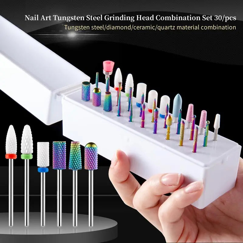 30pcs Nail Drill Bits Ceramic Diamond Cuticle Efile Tungsten Carbide Milling Cutter for Manicure Remover Acrylic Gel Nail Tools