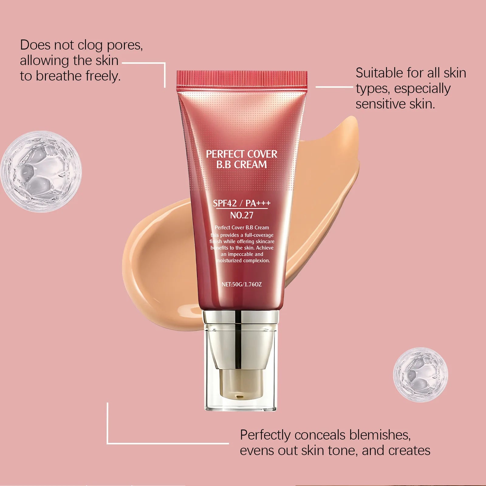 BB Cream SPF 42 PA +++ Tinted Moisturizer for Face Full Coverage Concealer Liquid Foundation Makeup for Dark Circles Fine Lines