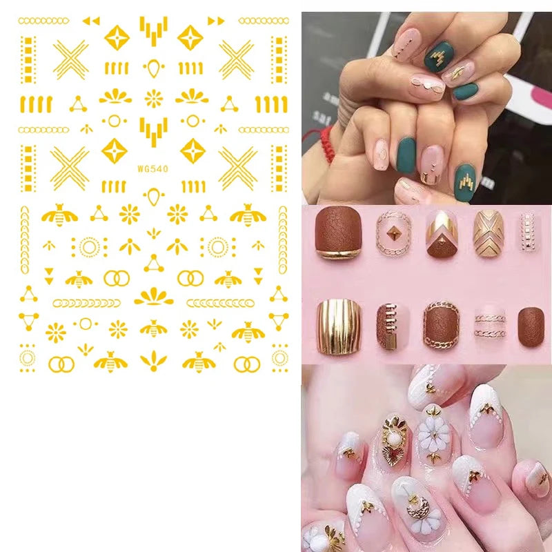 Shiny Gold Star Moon Sun Nail Stickers for Manicure Accessories Heart Feather Animals Printing Self Adhesive Nail Wrap