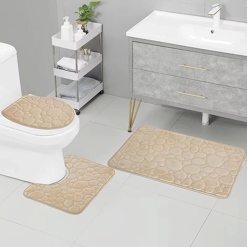 3pcs/Set Solid Color Simple Bathroom Water-absorbing and Non-slip Floor Mat Stone Pattern, Comfortable and Soft, Three-piece Set