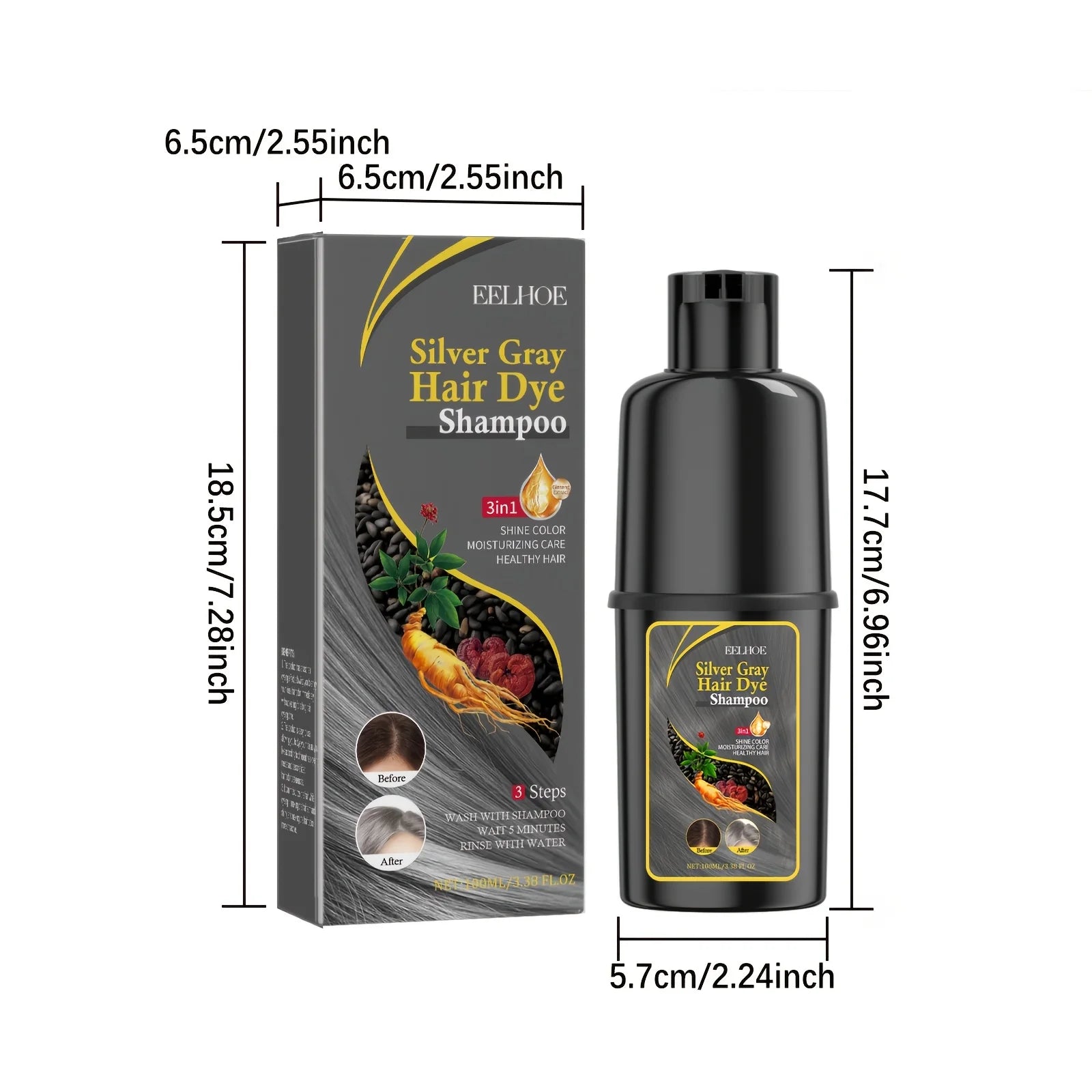 Silvery Gray Hair Dye Shampoo Natural Color Fast Coloring Long-Lasting Toning Moisture Lock for Voluminous Curls Without Damage