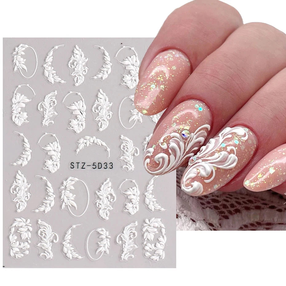 5D Simple Flowers Nail Embossed Stickers Elegant Wedding Design Adhesive Sliders Floral Textured Engraved Decoration Supplies