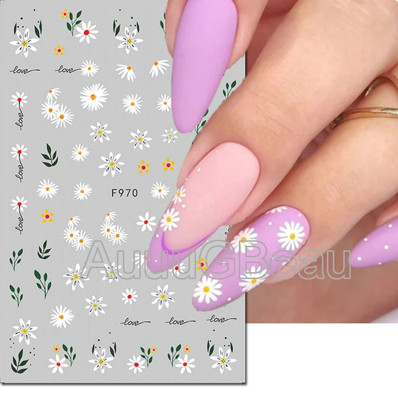 3d Nail Art Decals Geometric Lines Daisy Sunflowers Letters Adhesive Sliders Nail Stickers Decoration For Manicure