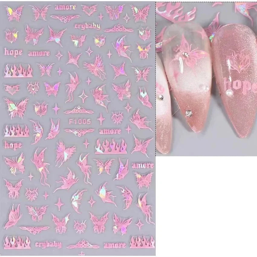 1PCS Black White Butterfly Laser Nail Stickers Y2K Nail Art Decoration Abstract Lines Bronzing Flowers Stickers For Nails