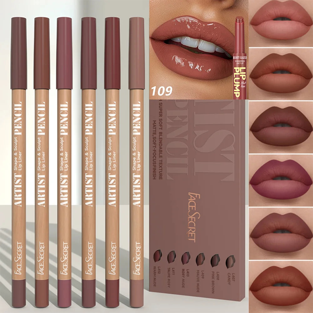 7Pcs Dark Brown Lip Liner with Color Lip Oil Lip Gloss Set, Moisturizing Solid Lip Gloss Jelly Lipstick, Matte Velvet Lipliner
