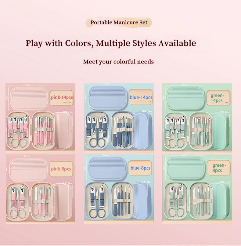 8/14 Piece Deluxe Manicure & Pedicure Set Pink And Blue Stainless Steel Nail Scissors, Clippers, Ear Digging Spoon for Men Women