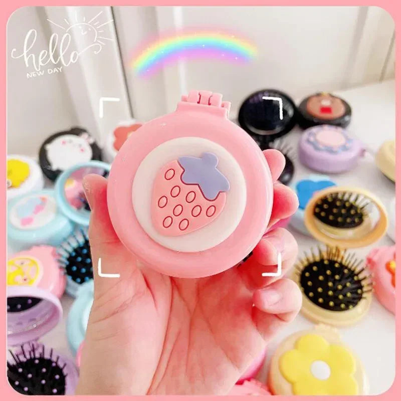 Baby Girls Kawaii Cute Cartoon Animal Folding Massage Comb with Makeup Mirror for Children Travel Portable Plastic Hair Brush