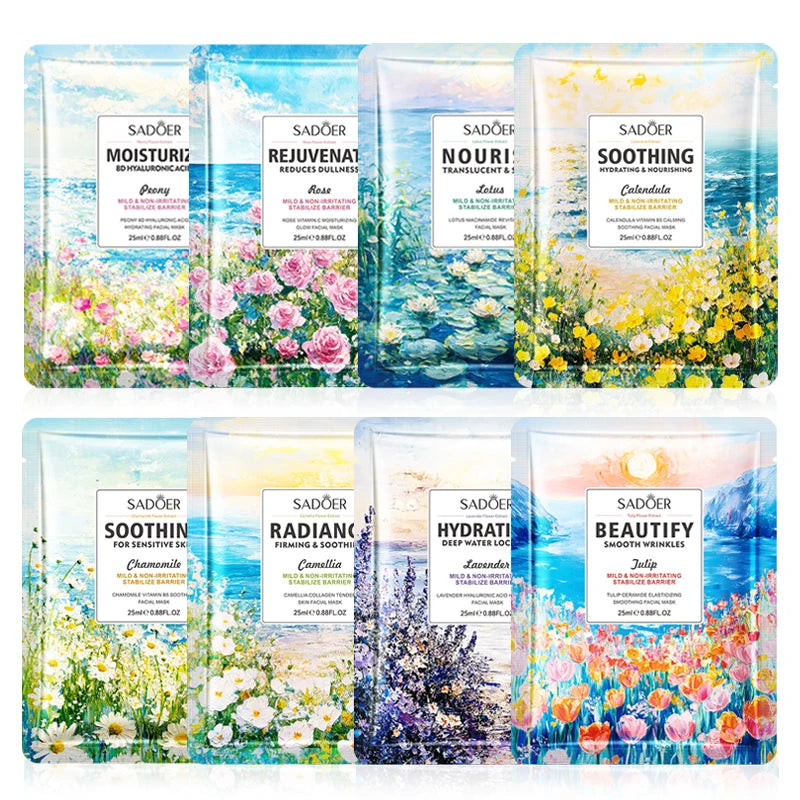 8pcs SADOER Flowers Facial Masks Moisturizing Hydrating Whitening Anti-Aging Face Mask Sheets Masks For Face Skin Care